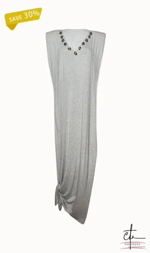 Grey Cotton Embellished V Neck Maxi Dress