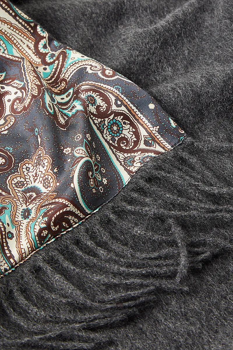 Grey Paisley Cashmere Backed Printed Silk Scarf
