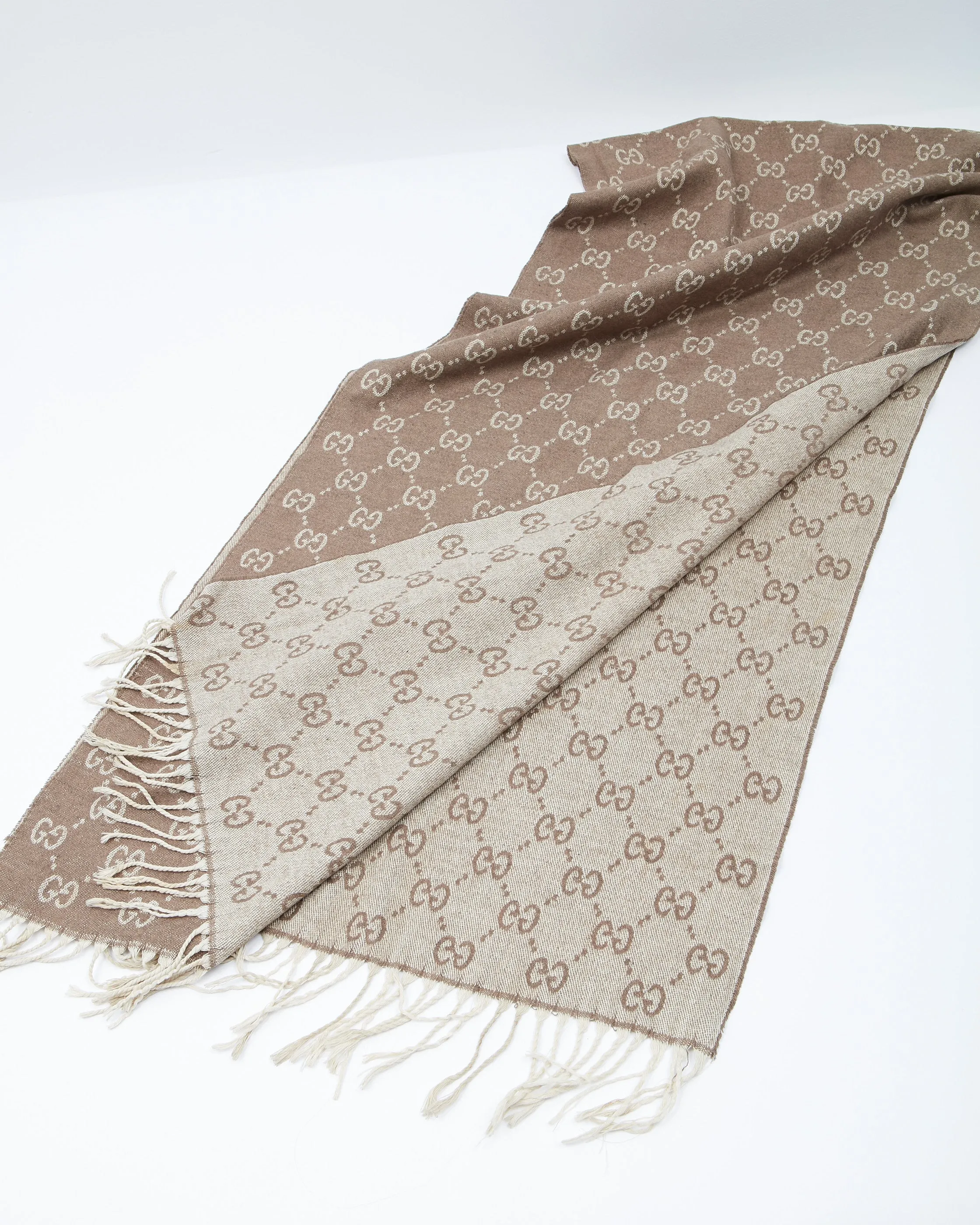 Gucci Brown Two Tone GG Logo Wool Scarf