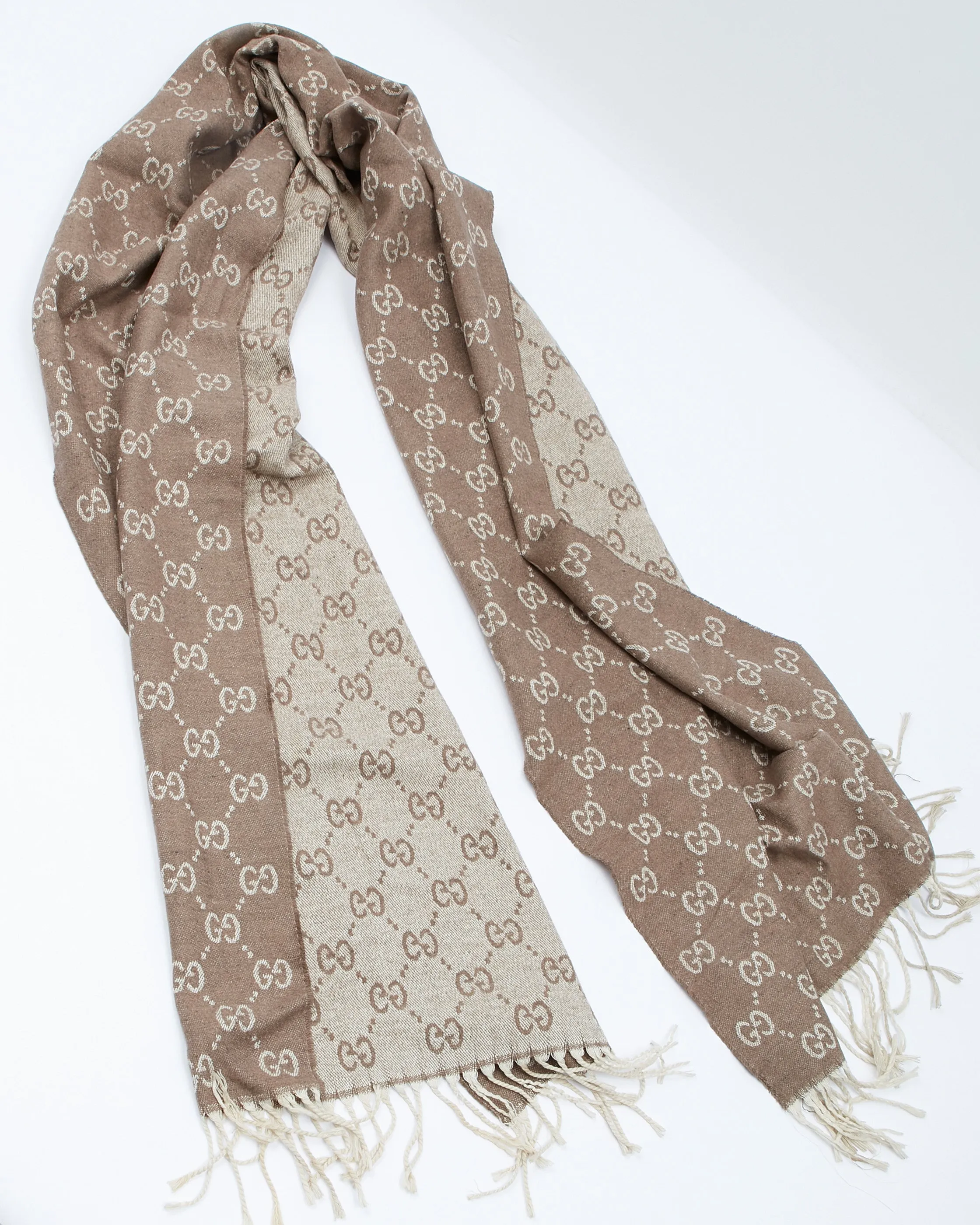 Gucci Brown Two Tone GG Logo Wool Scarf