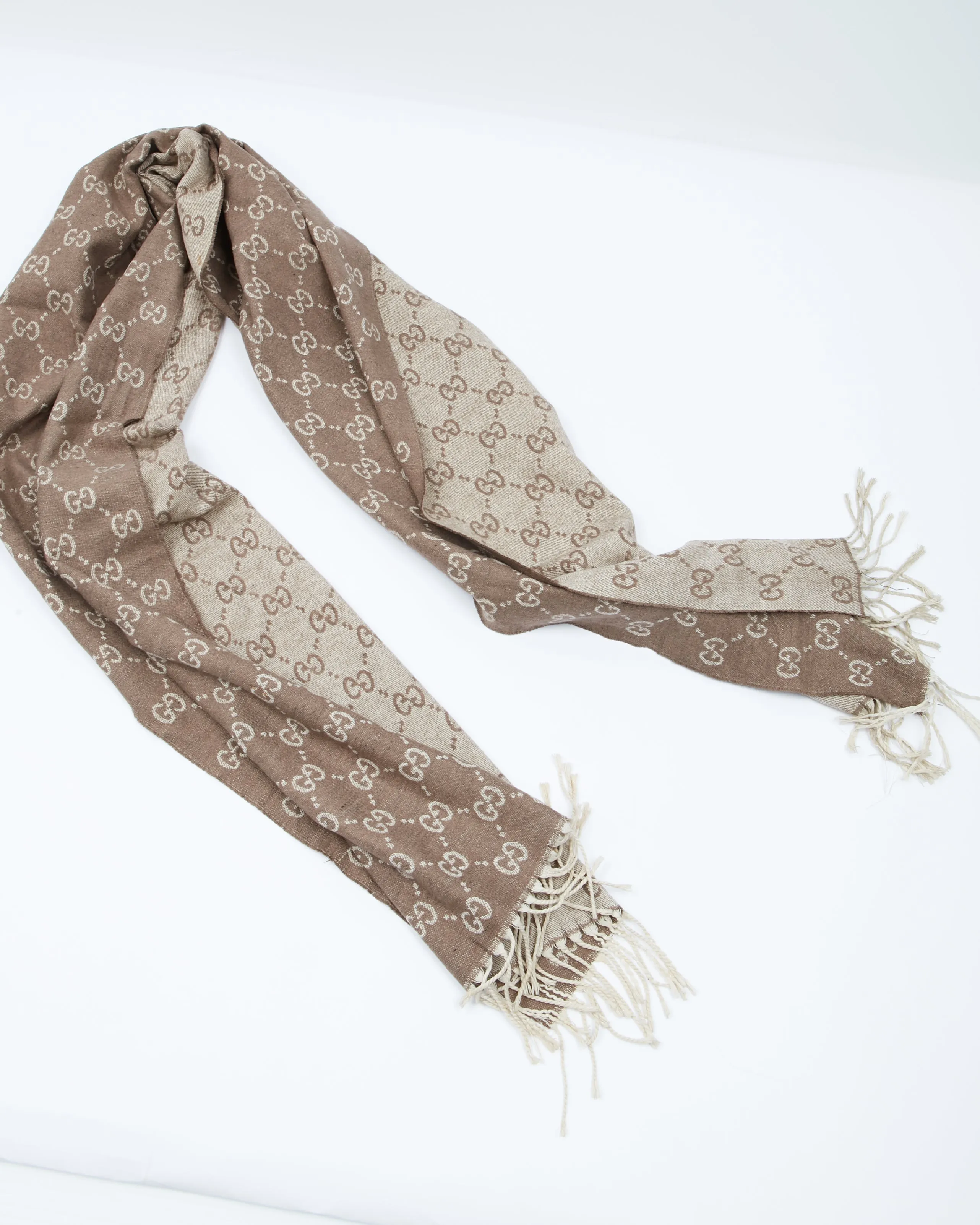 Gucci Brown Two Tone GG Logo Wool Scarf