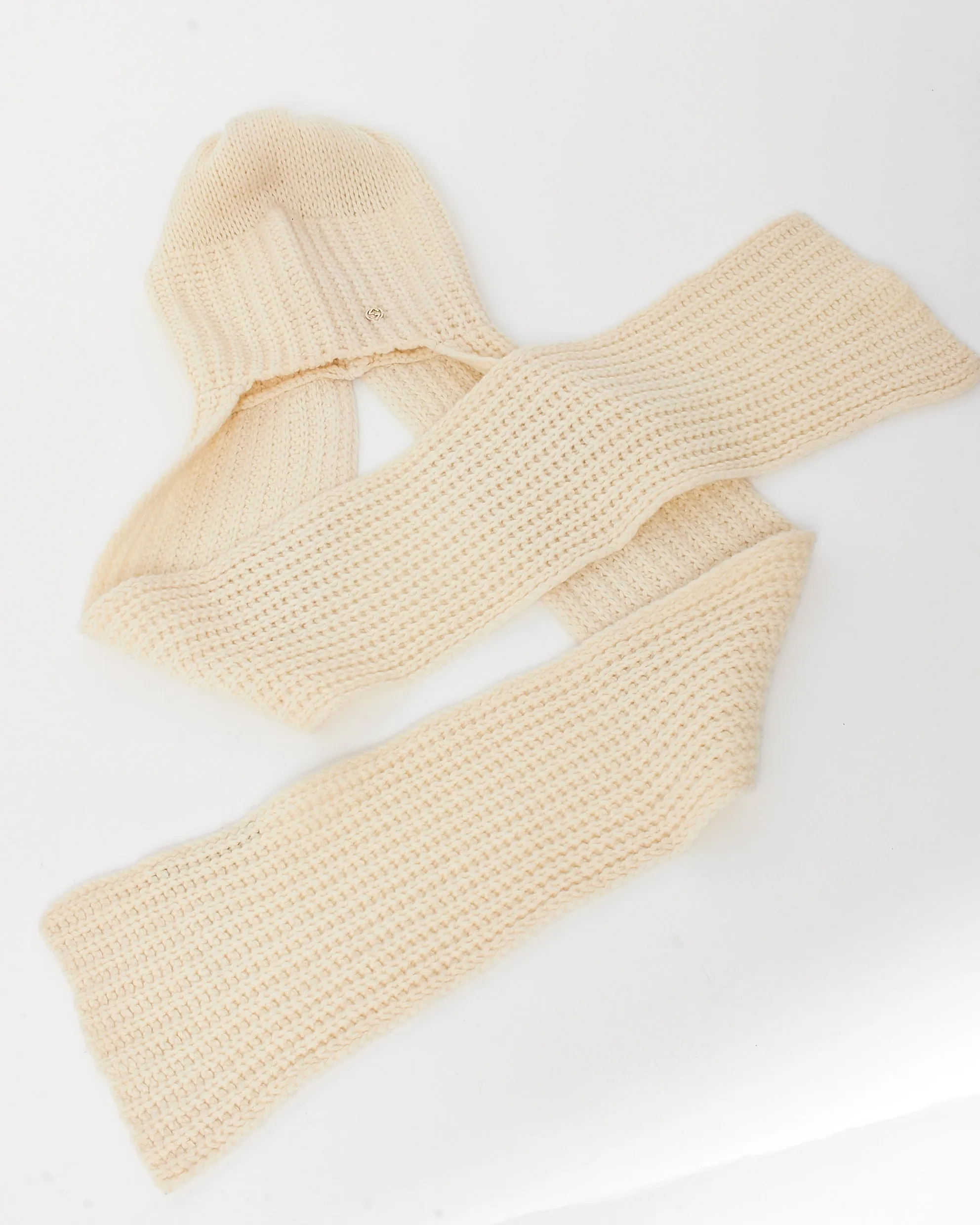 Gucci Ivory Wool Knit Interlocking G Logo Hooded Scarf