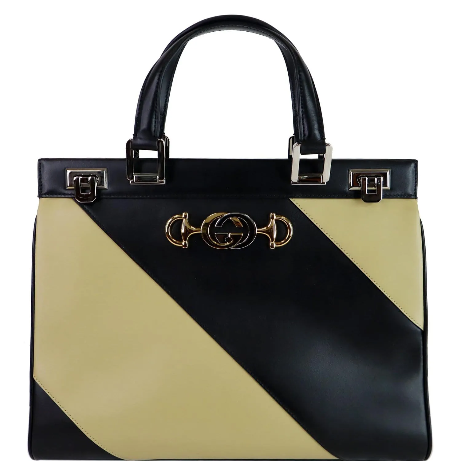 GUCCI Medium Zumi Diagonal Stripe Leather Top Handle Bag Beige 564714