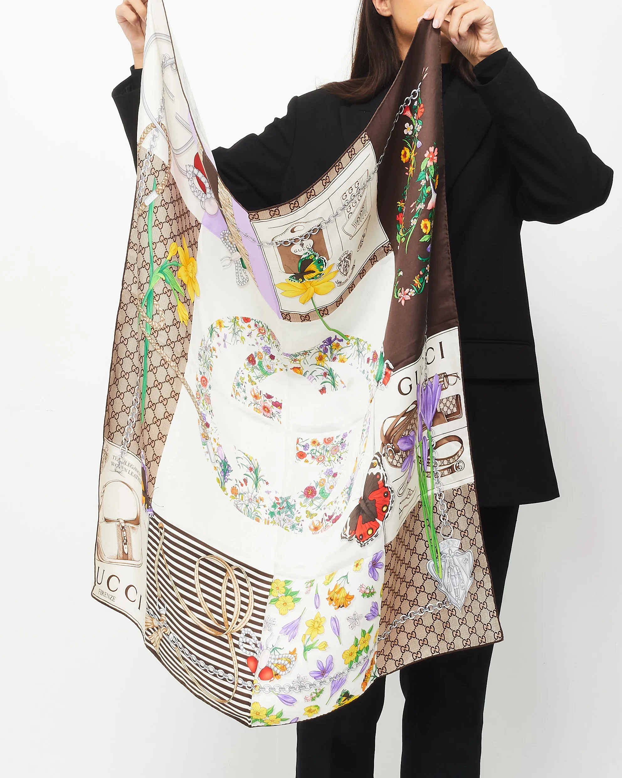 Gucci White & Brown Silk Scarf W/ Multi Floral & Bugs