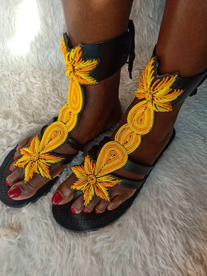 Handmade African Beaded Sandals/Authentic Maasai-Style Leather Flip-Flops Women/Boho Beach Sandals/Comfortable Summer Sandal African Gifts
