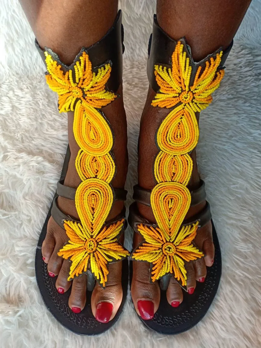 Handmade African Beaded Sandals/Authentic Maasai-Style Leather Flip-Flops Women/Boho Beach Sandals/Comfortable Summer Sandal African Gifts