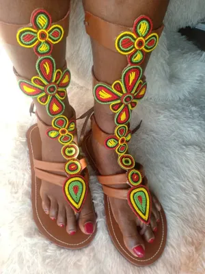 Handmade African Beaded Sandals/Authentic Maasai-Style Leather Flip-Flops Women/Boho Beach Sandals/Comfortable Summer Sandal African Gifts