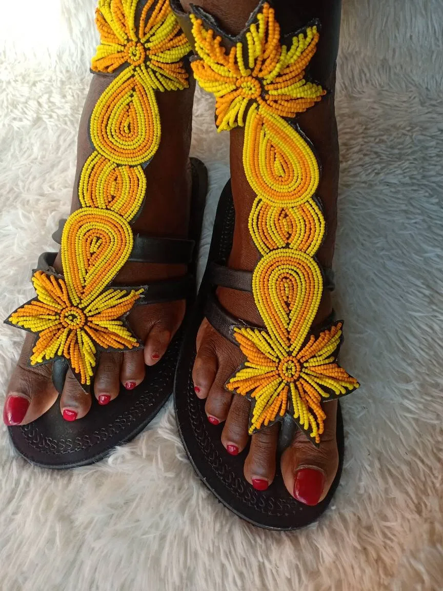 Handmade African Beaded Sandals/Authentic Maasai-Style Leather Flip-Flops Women/Boho Beach Sandals/Comfortable Summer Sandal African Gifts