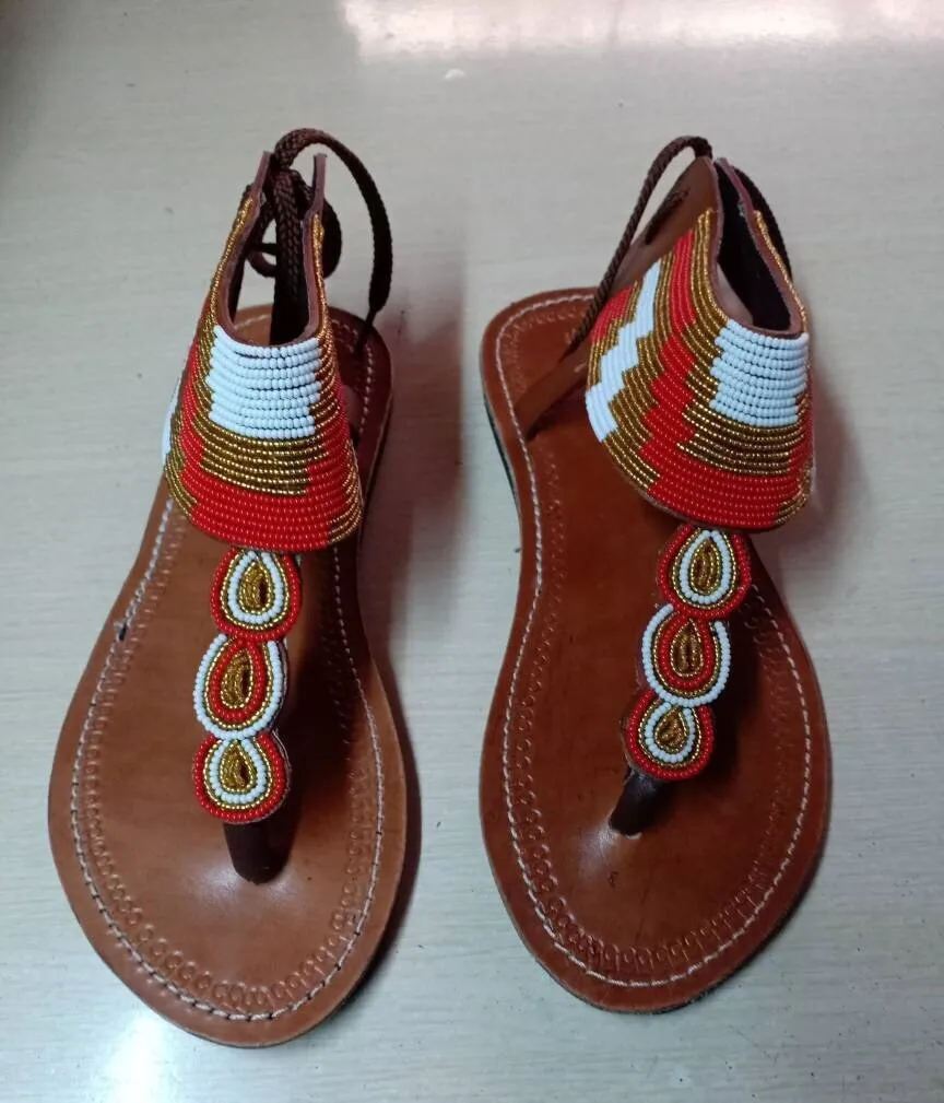 Handmade African Beaded Sandals/Authentic Maasai-Style Leather Flip-Flops Women/Boho Beach Sandals/Comfortable Summer Sandal African Gifts