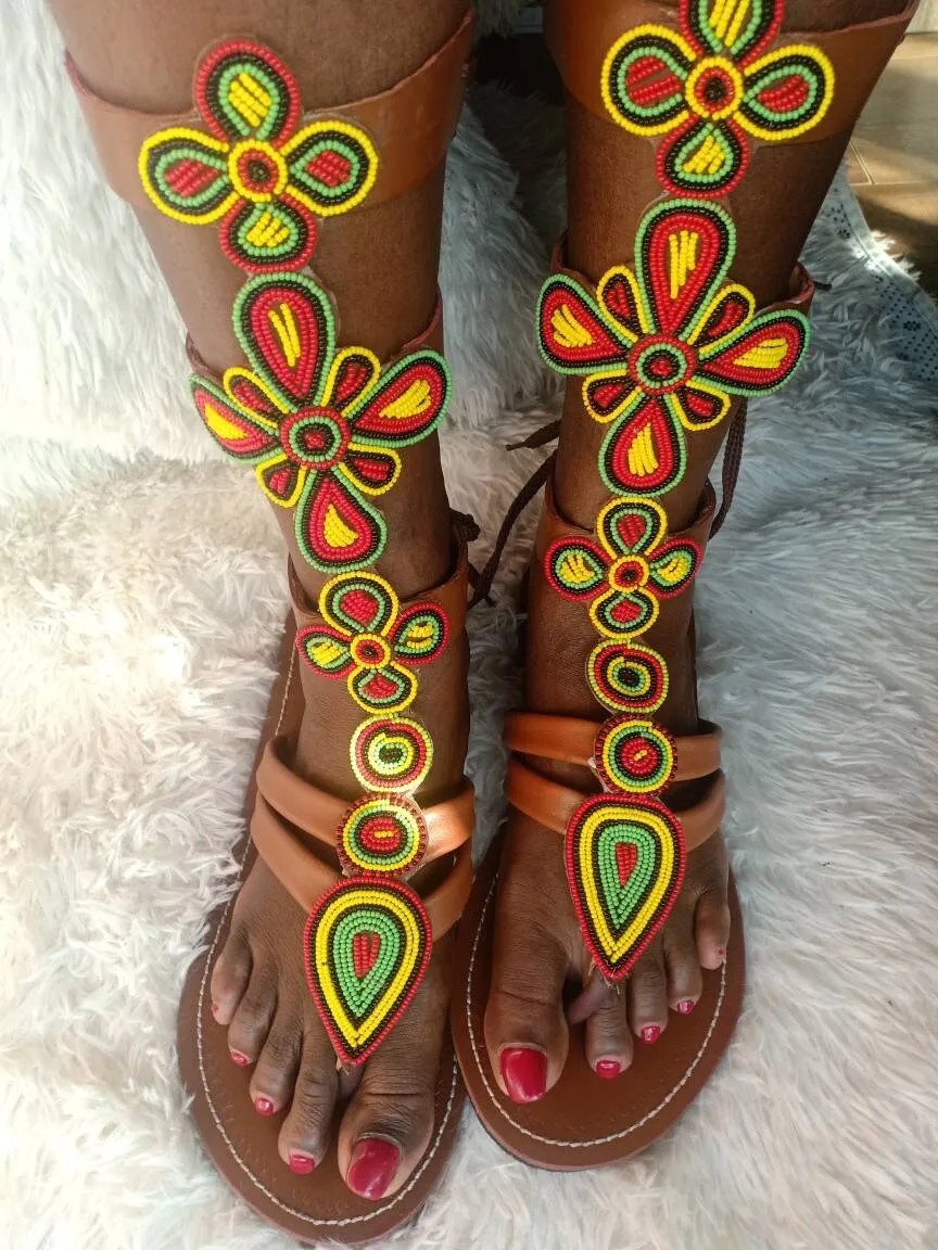 Handmade African Beaded Sandals/Authentic Maasai-Style Leather Flip-Flops Women/Boho Beach Sandals/Comfortable Summer Sandal African Gifts