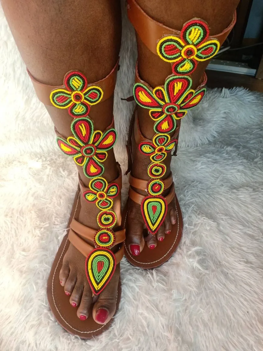 Handmade African Beaded Sandals/Authentic Maasai-Style Leather Flip-Flops Women/Boho Beach Sandals/Comfortable Summer Sandal African Gifts