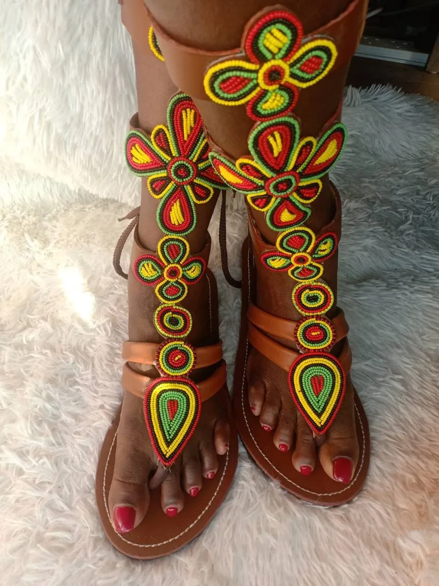 Handmade African Beaded Sandals/Authentic Maasai-Style Leather Flip-Flops Women/Boho Beach Sandals/Comfortable Summer Sandal African Gifts