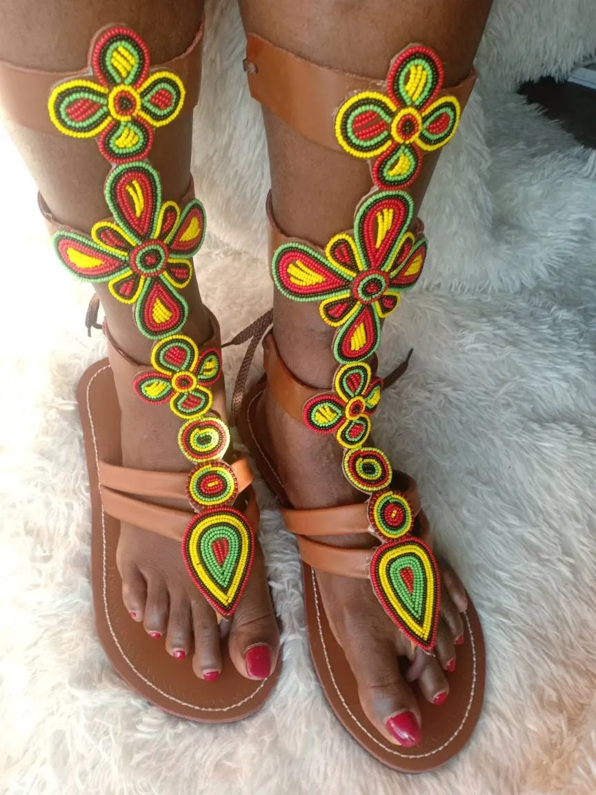 Handmade African Beaded Sandals/Authentic Maasai-Style Leather Flip-Flops Women/Boho Beach Sandals/Comfortable Summer Sandal African Gifts