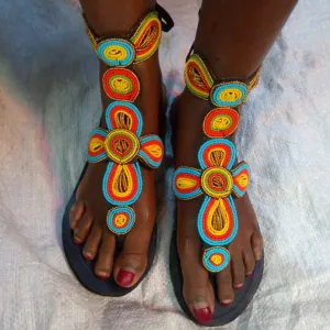 Handmade African Beaded Sandals/Authentic Maasai-Style Leather Flip-Flops Women/Boho Beach Sandals/Comfortable Summer Sandal African Gifts