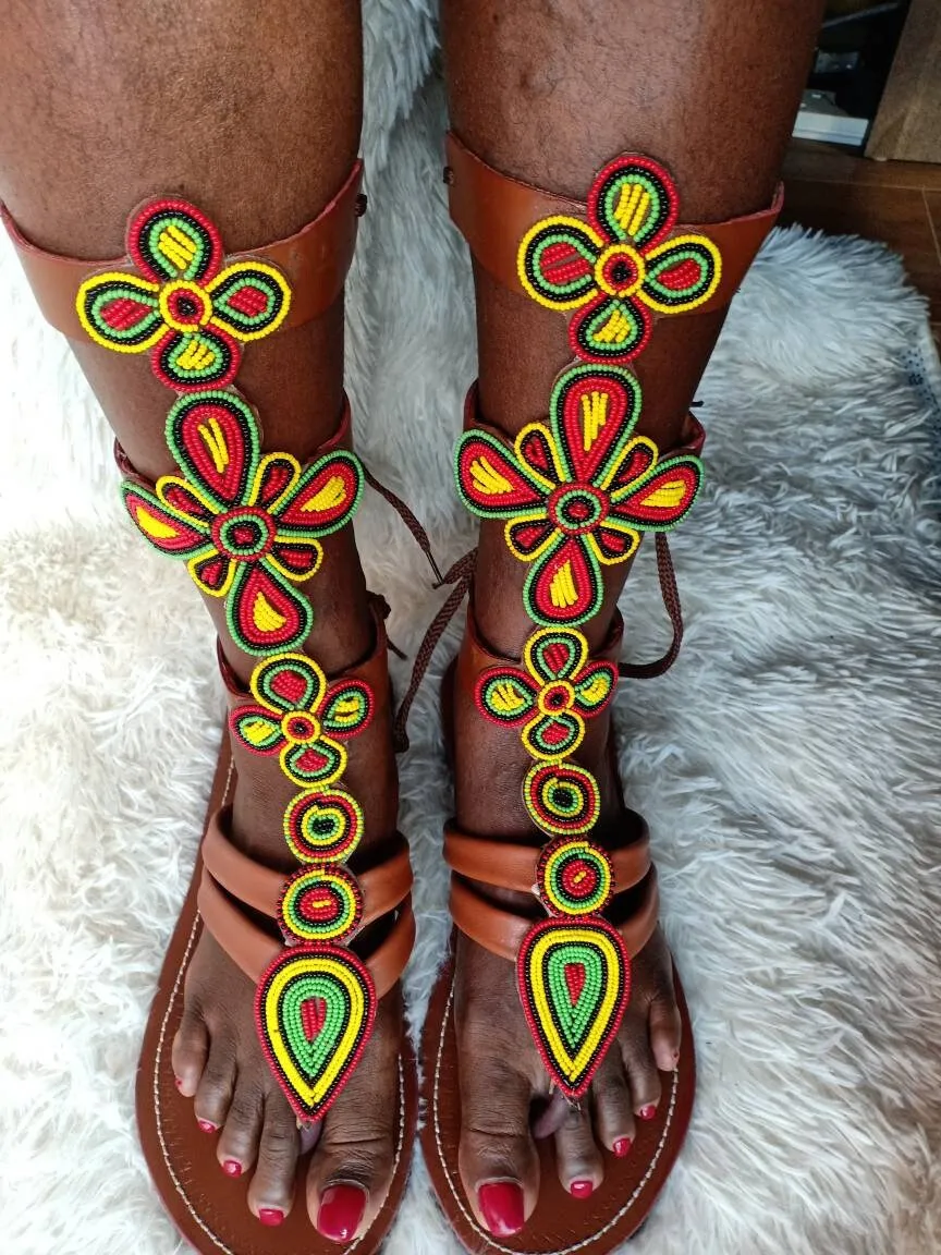 Handmade African Beaded Sandals/Authentic Maasai-Style Leather Flip-Flops Women/Boho Beach Sandals/Comfortable Summer Sandal African Gifts