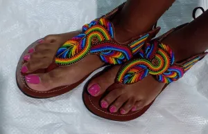 Handmade African Beaded Sandals/Authentic Maasai-Style Leather Flip-Flops Women/Boho Beach Sandals/Comfortable Summer Sandal African Gifts