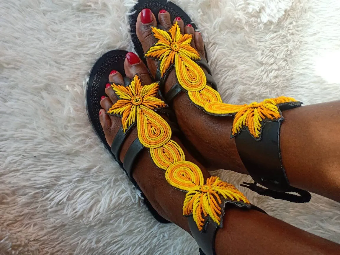 Handmade African Beaded Sandals/Authentic Maasai-Style Leather Flip-Flops Women/Boho Beach Sandals/Comfortable Summer Sandal African Gifts
