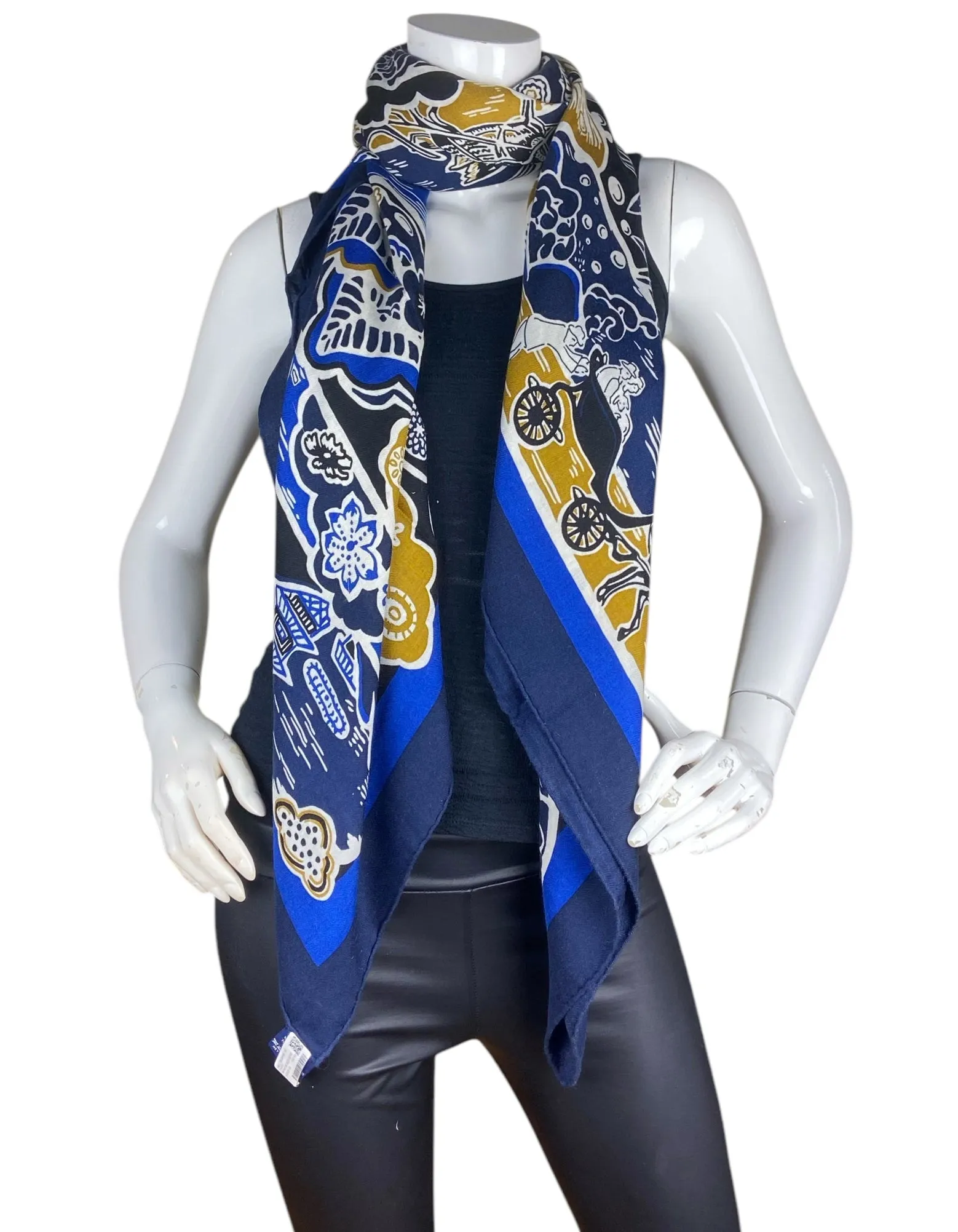 Hermes Blue Bingata 140cm Silk/Cashmere Shawl