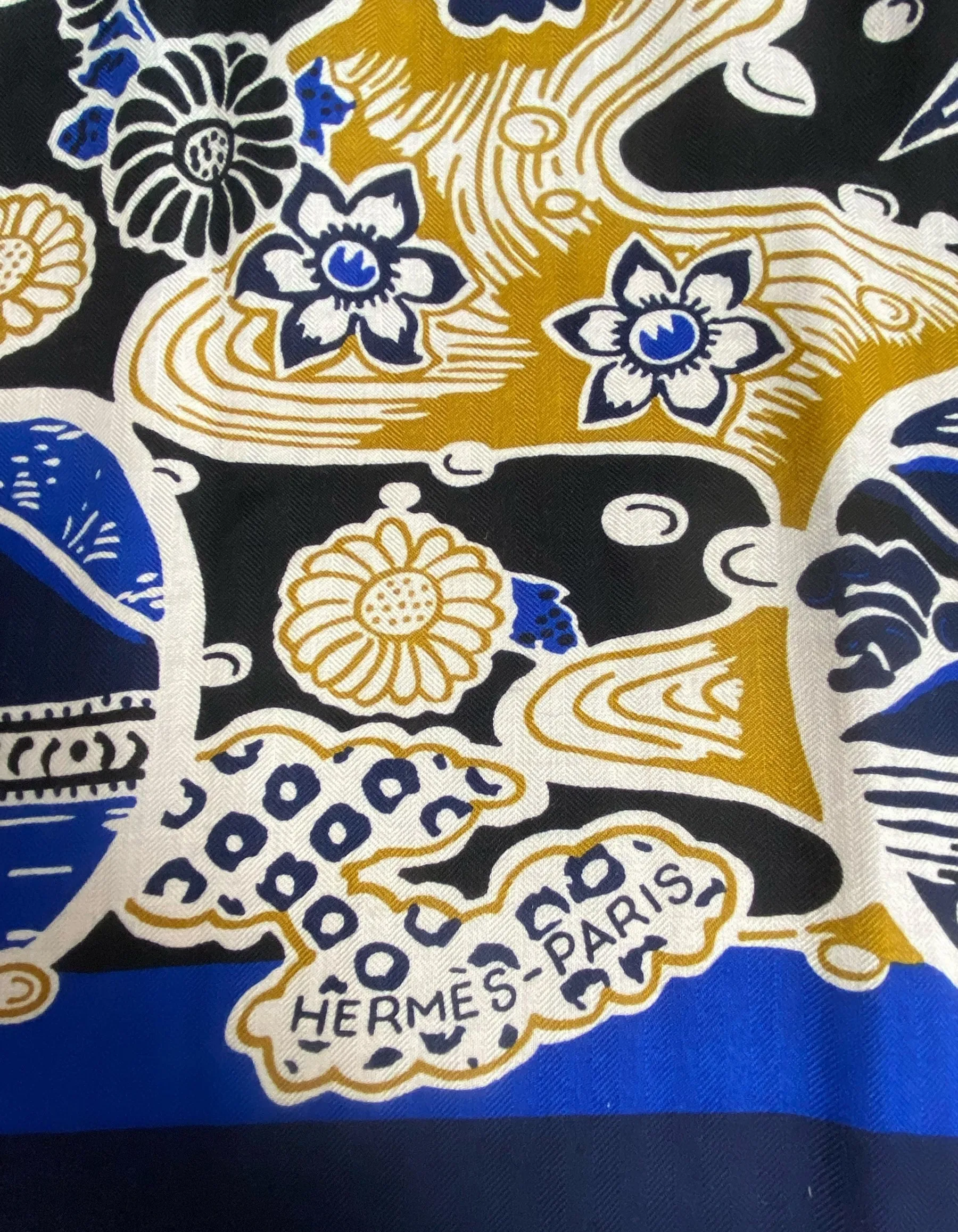Hermes Blue Bingata 140cm Silk/Cashmere Shawl