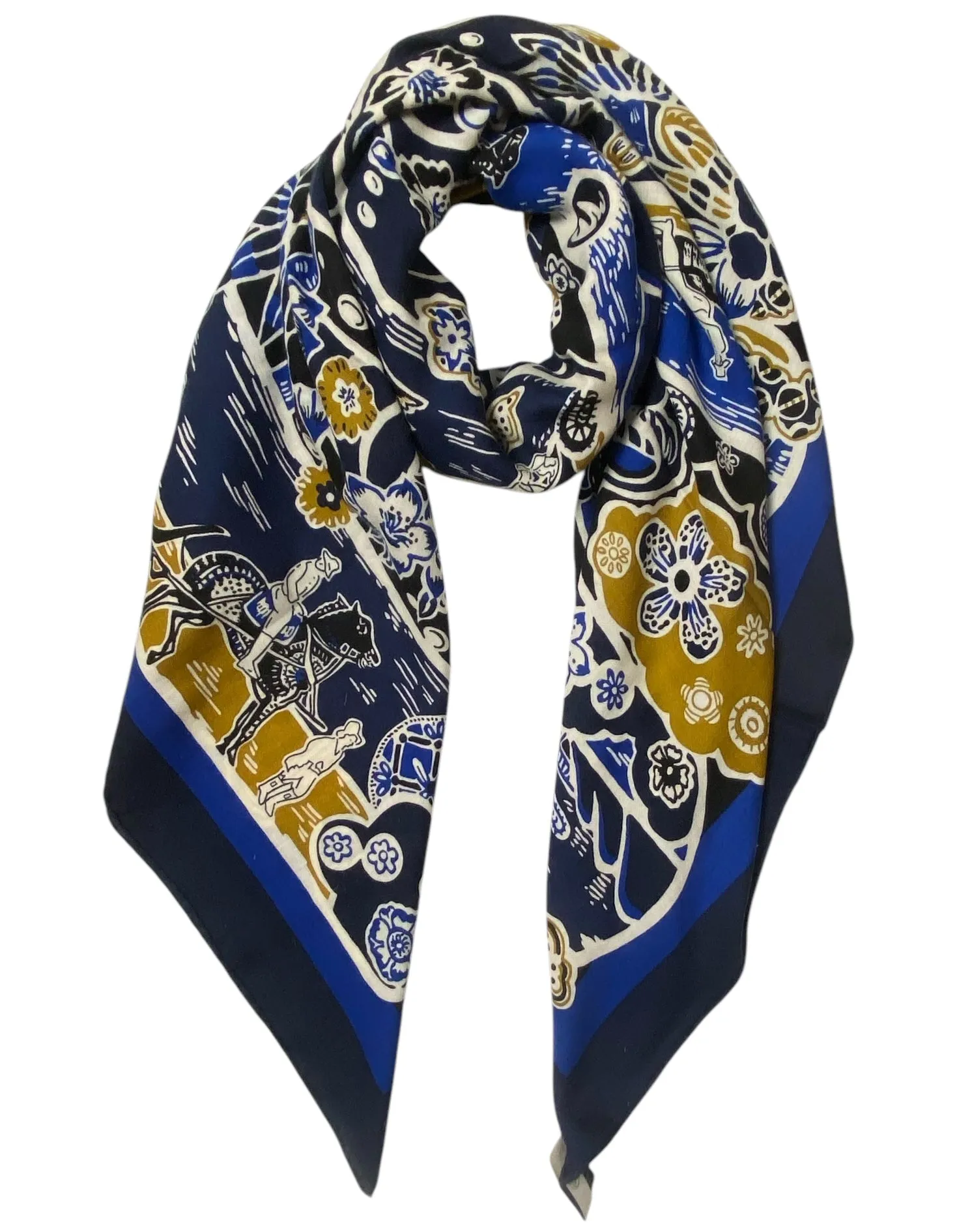 Hermes Blue Bingata 140cm Silk/Cashmere Shawl