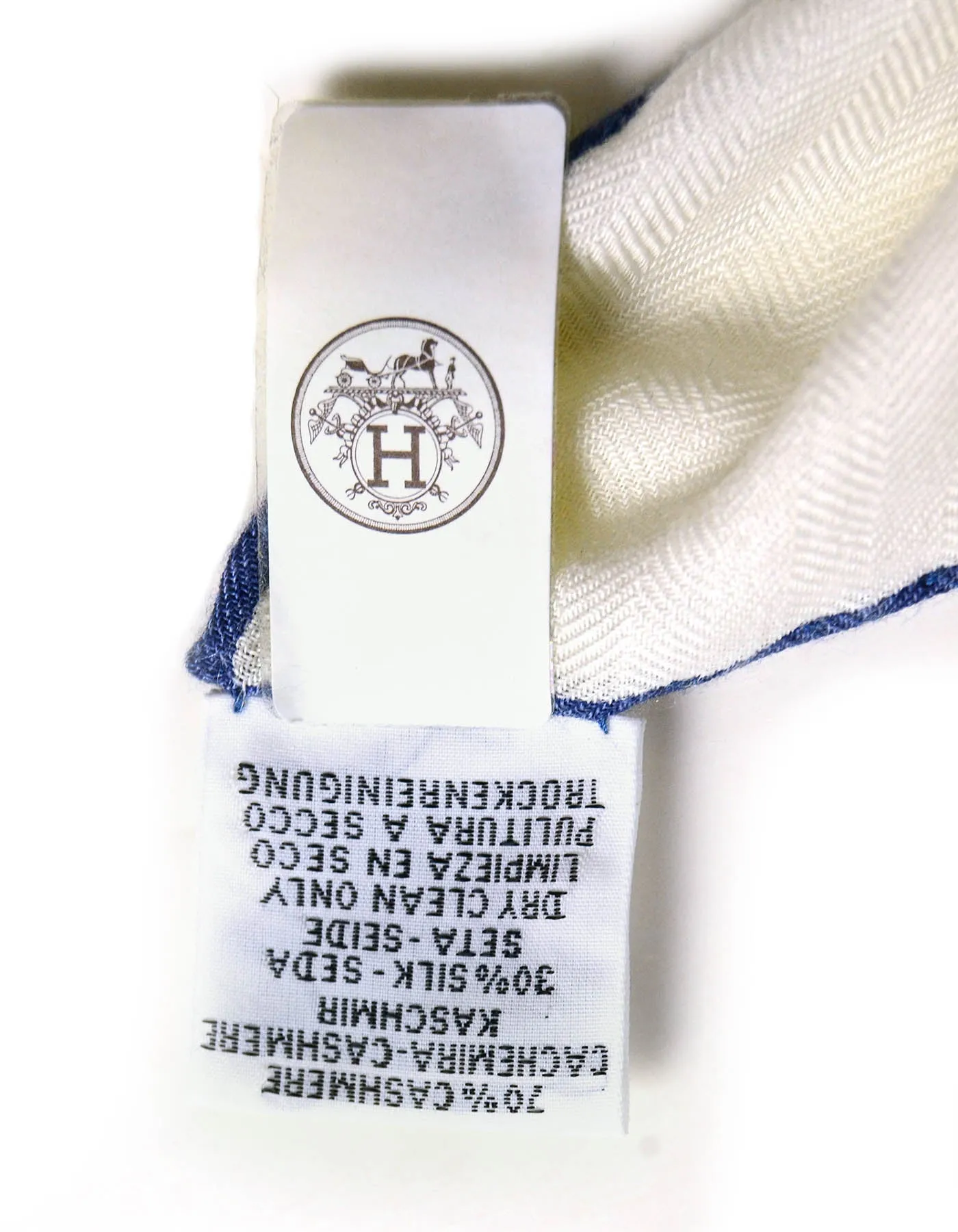 Hermes Blue/White Les Cabanes 140cm Silk/Cashmere Shawl
