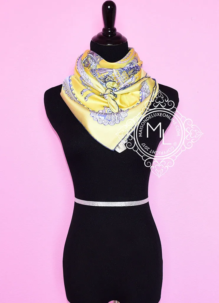 Hermes Jaune Vif Parme Ciel Twill Silk 90 cm Paperoles Scarf