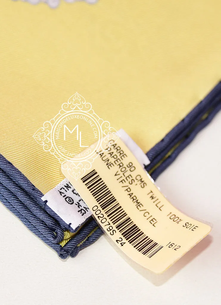 Hermes Jaune Vif Parme Ciel Twill Silk 90 cm Paperoles Scarf