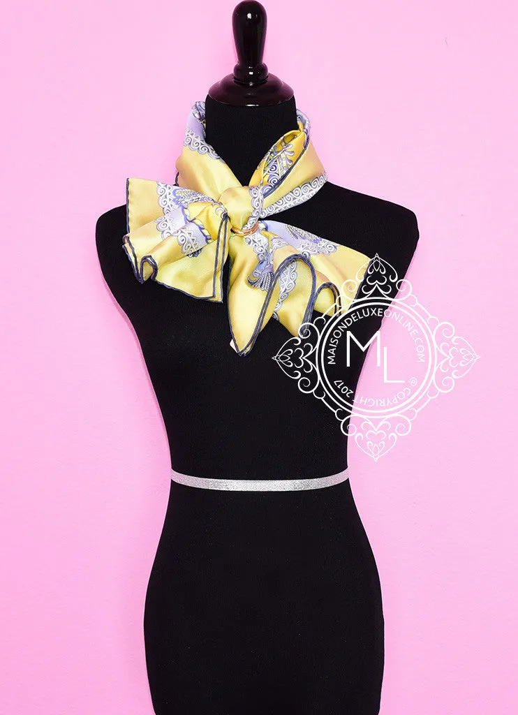 Hermes Jaune Vif Parme Ciel Twill Silk 90 cm Paperoles Scarf
