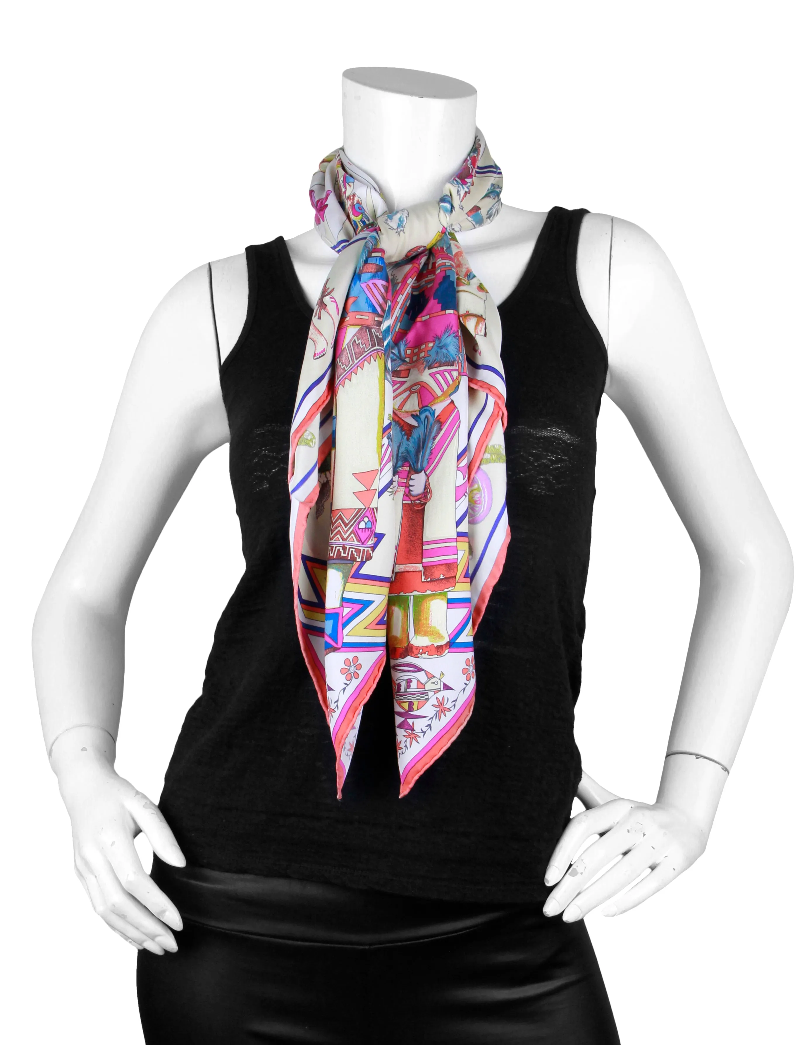 Hermes NEW Multicolor Kachinas 90cm Silk Wash Scarf