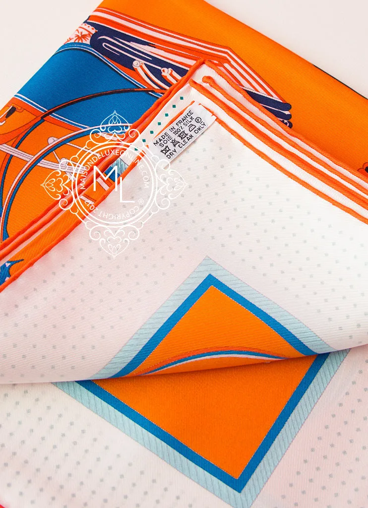 Hermes Orange Twill Silk 90 cm Les Voitures à a Transformation Scarf