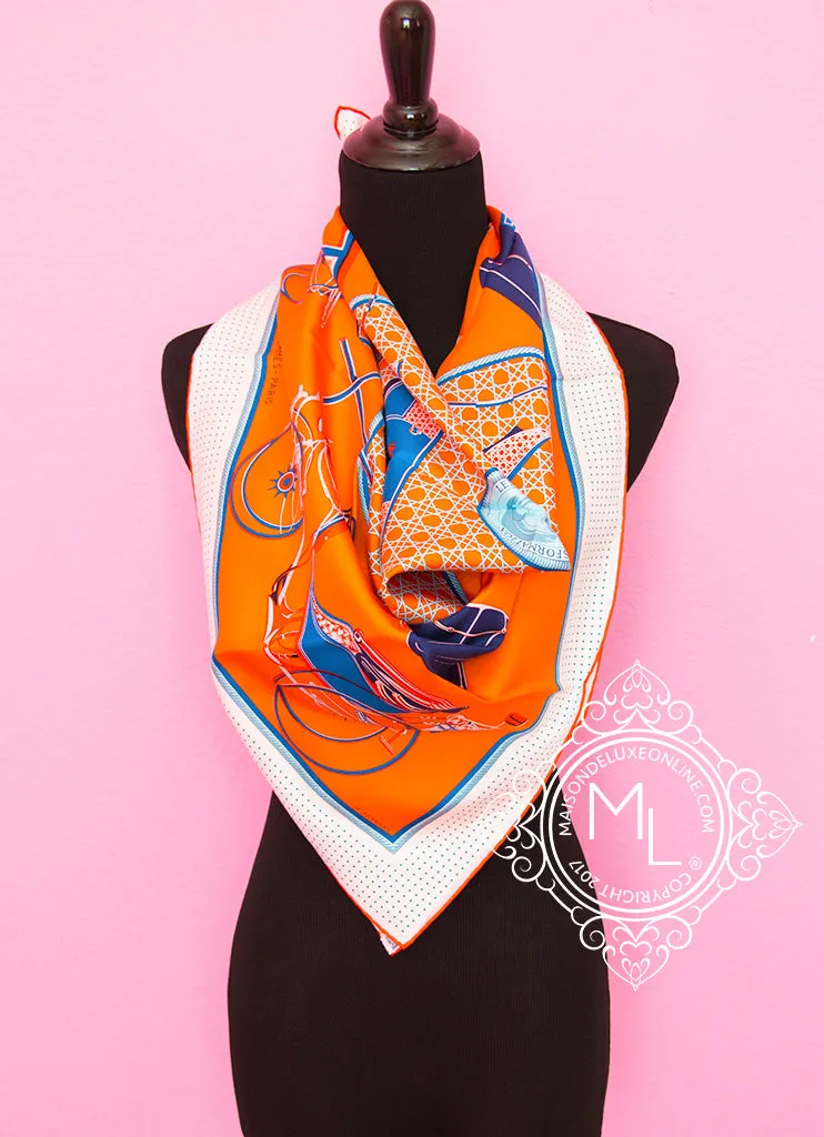 Hermes Orange Twill Silk 90 cm Les Voitures à a Transformation Scarf