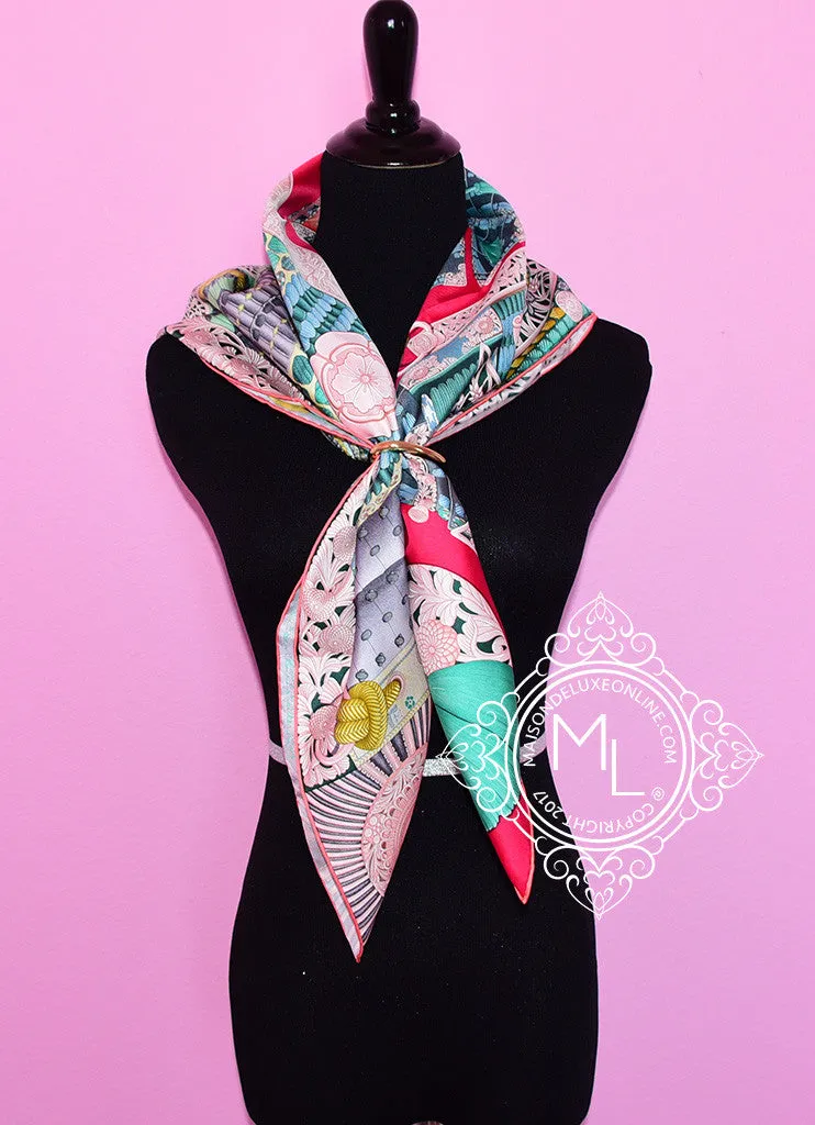 Hermes Pink Green Twill Silk 90 cm Parures De Samourais Scarf