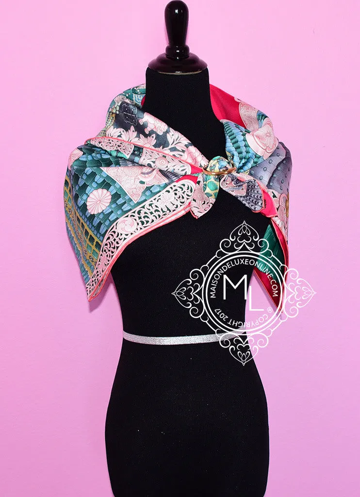 Hermes Pink Green Twill Silk 90 cm Parures De Samourais Scarf