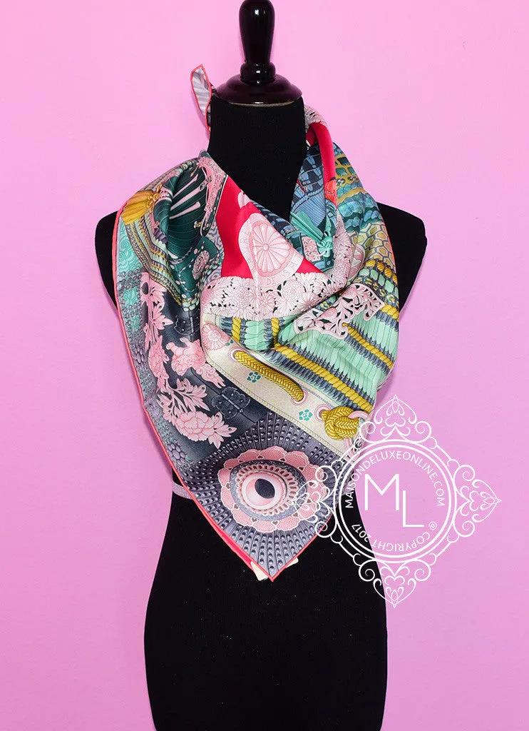 Hermes Pink Green Twill Silk 90 cm Parures De Samourais Scarf