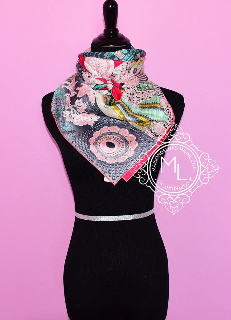 Hermes Pink Green Twill Silk 90 cm Parures De Samourais Scarf