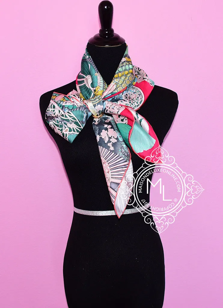 Hermes Pink Green Twill Silk 90 cm Parures De Samourais Scarf