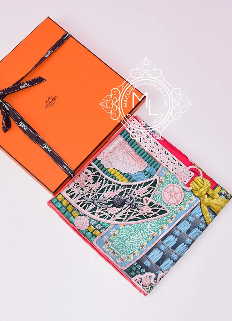 Hermes Pink Green Twill Silk 90 cm Parures De Samourais Scarf