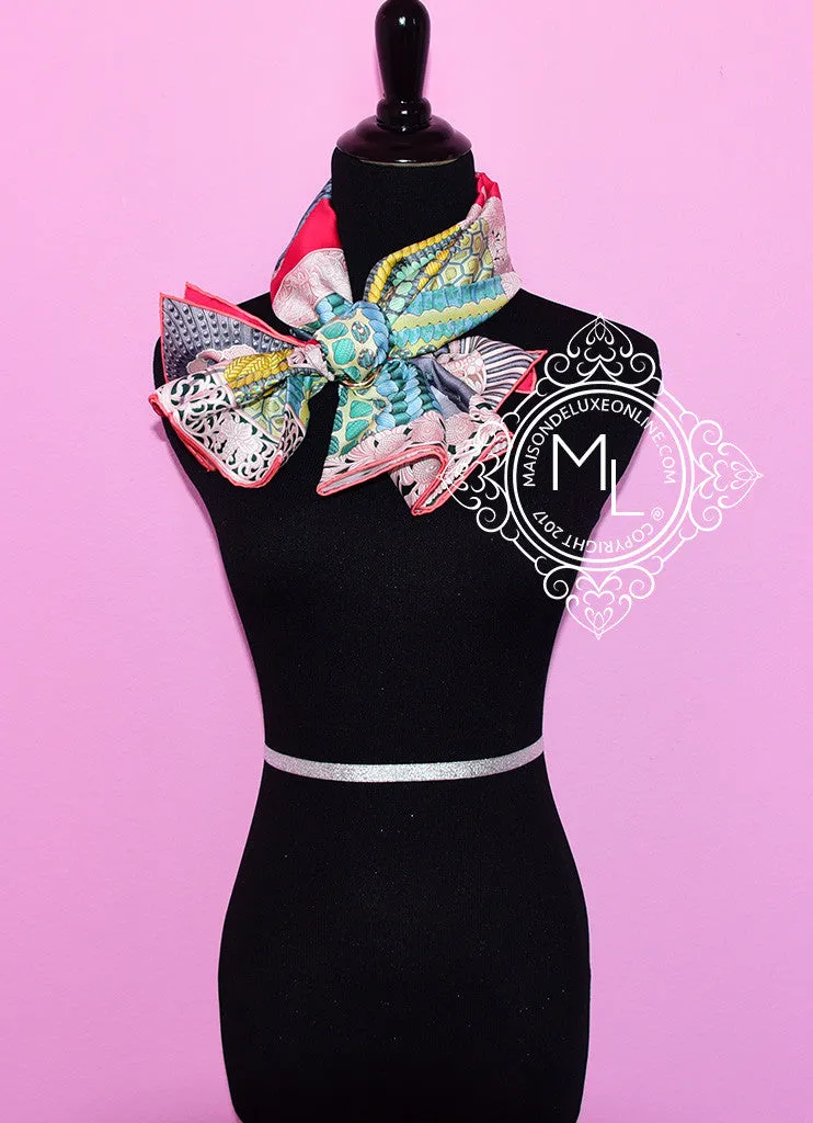 Hermes Pink Green Twill Silk 90 cm Parures De Samourais Scarf