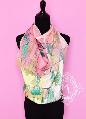 Hermes Pink Yellow Twill Silk 90 cm Passementerie Quadri Scarf