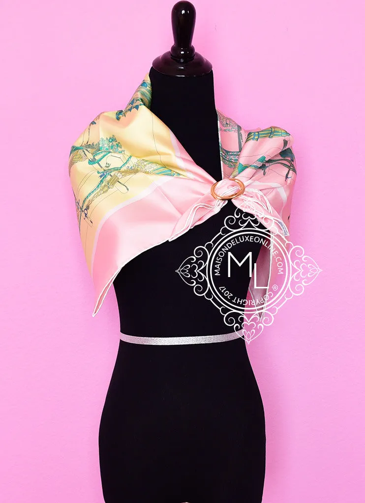 Hermes Pink Yellow Twill Silk 90 cm Passementerie Quadri Scarf