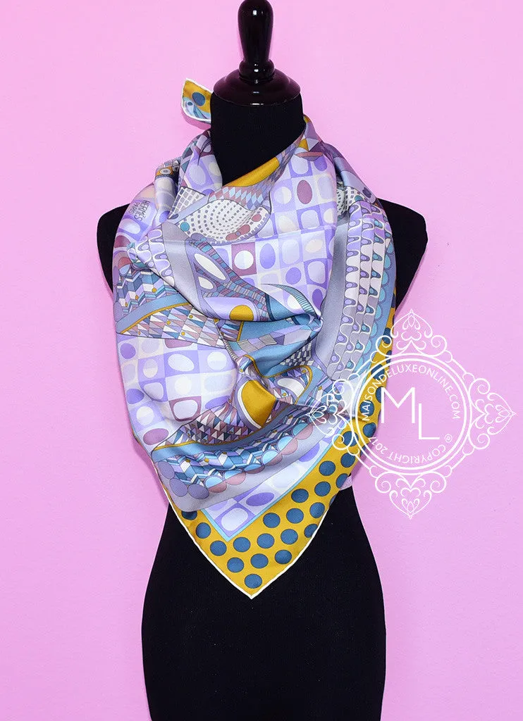 Hermes Purple Jaune Twill Silk 90 cm Les Ailes de la Soie Scarf
