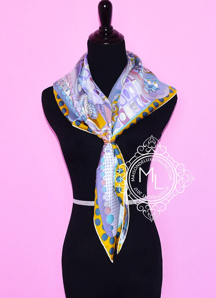 Hermes Purple Jaune Twill Silk 90 cm Les Ailes de la Soie Scarf