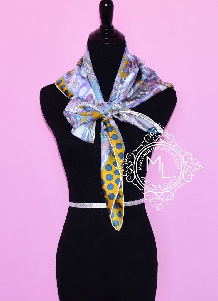 Hermes Purple Jaune Twill Silk 90 cm Les Ailes de la Soie Scarf
