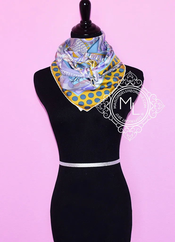 Hermes Purple Jaune Twill Silk 90 cm Les Ailes de la Soie Scarf