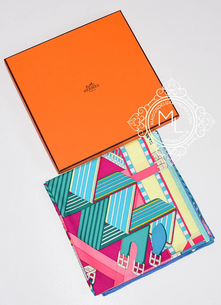 Hermes "Sangles en Zigzag" Fuchsia Jaune Twill Silk 90 cm Scarf