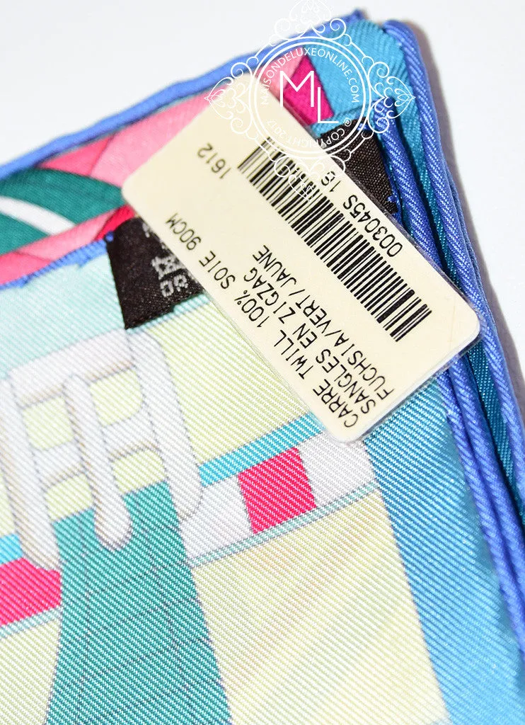 Hermes "Sangles en Zigzag" Fuchsia Jaune Twill Silk 90 cm Scarf
