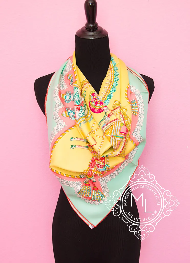 Hermes Yellow Green Twill Silk 90 cm Paperoles Scarf