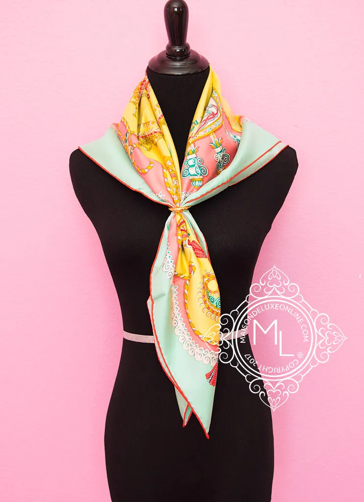 Hermes Yellow Green Twill Silk 90 cm Paperoles Scarf