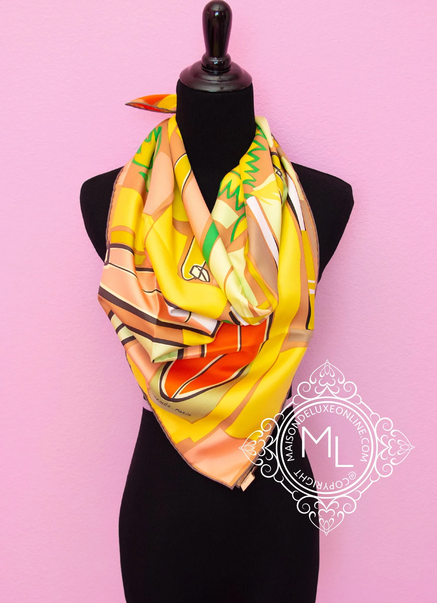 Hermes Yellow Twill Silk 90 cm Sea Surf and Fun Scarf
