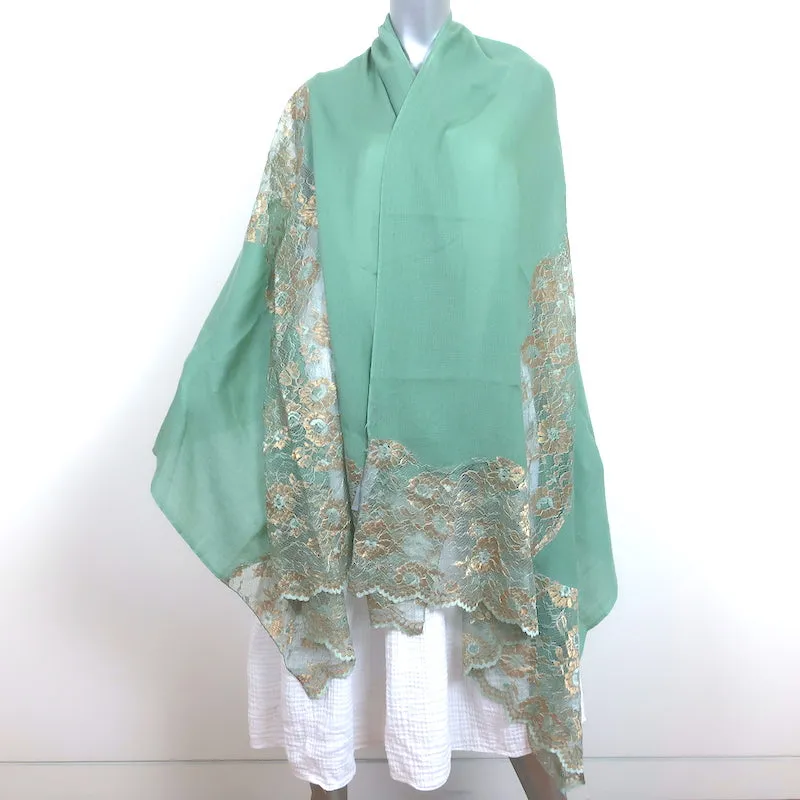 Janavi Metallic Lace-Paneled Cashmere Shawl Scarf Mint/Gold NEW